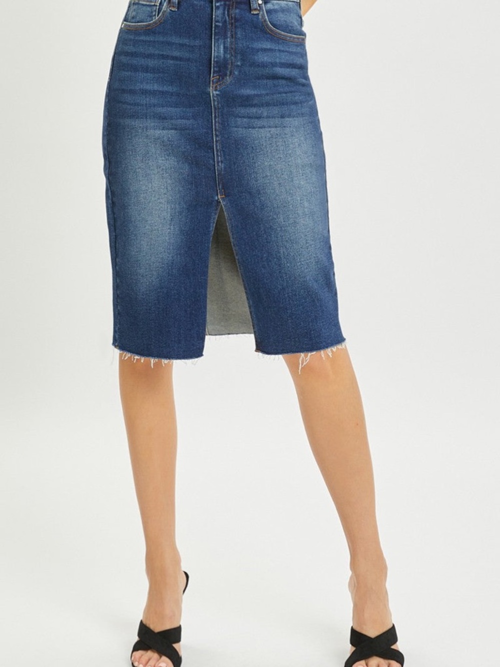 Classic Dark Blue Denim Pencil Skirt - Raw Hem